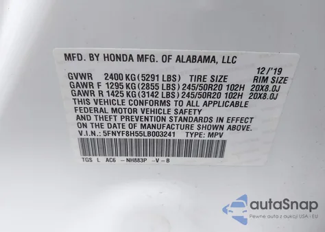 2020 Honda Passport Awd Ex-L from USA, damaged, VIN 5FNYF8H55LB003241